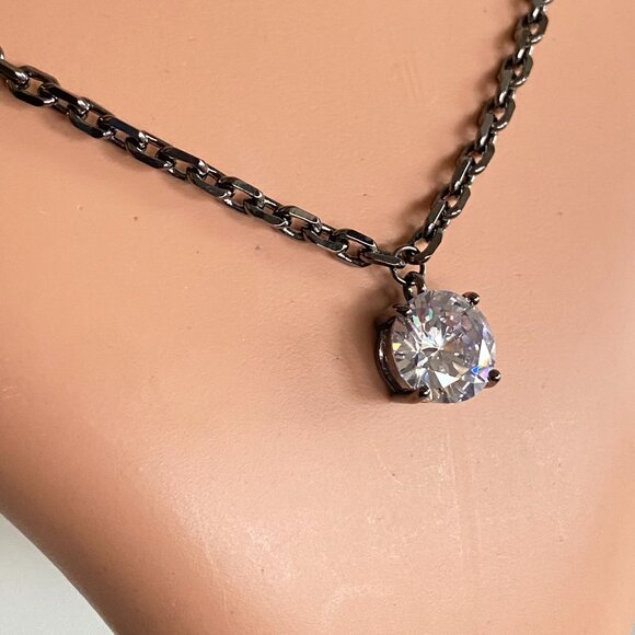 FAC Bold Solitaire Swarovski Crystal Gunmetal Necklace - Picture 2 of 7